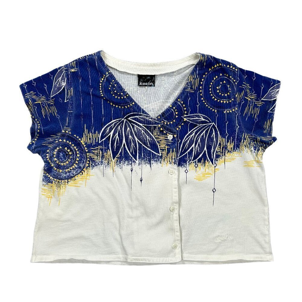 Kaelin Vintage Boxy Novelty Blue White Cotton Blouse Top Size L